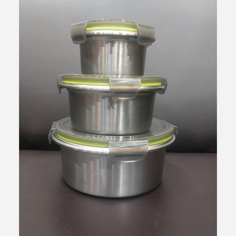 ظرف غذا استیل ۳ تیکه گرد قفل دار